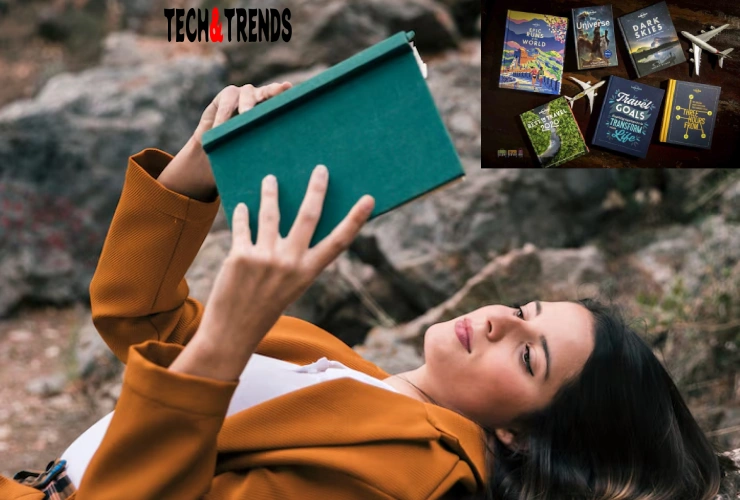 Best travel books for inspiration stacked on a rustic wooden table